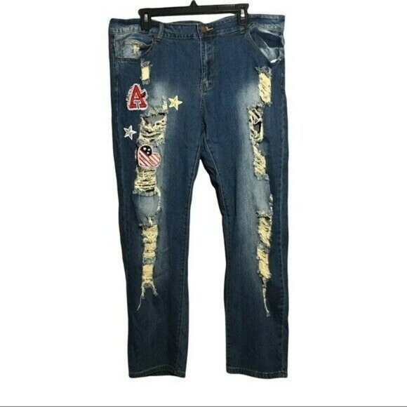 Street Denim Skinny Jeans Women Plus Size 20 Distressed Patchwork Love Usa Heart - Picture 1 of 9